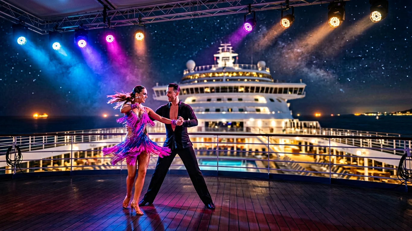 Latin ballroom couple dancing on a cruise ship deck under stage spotlights