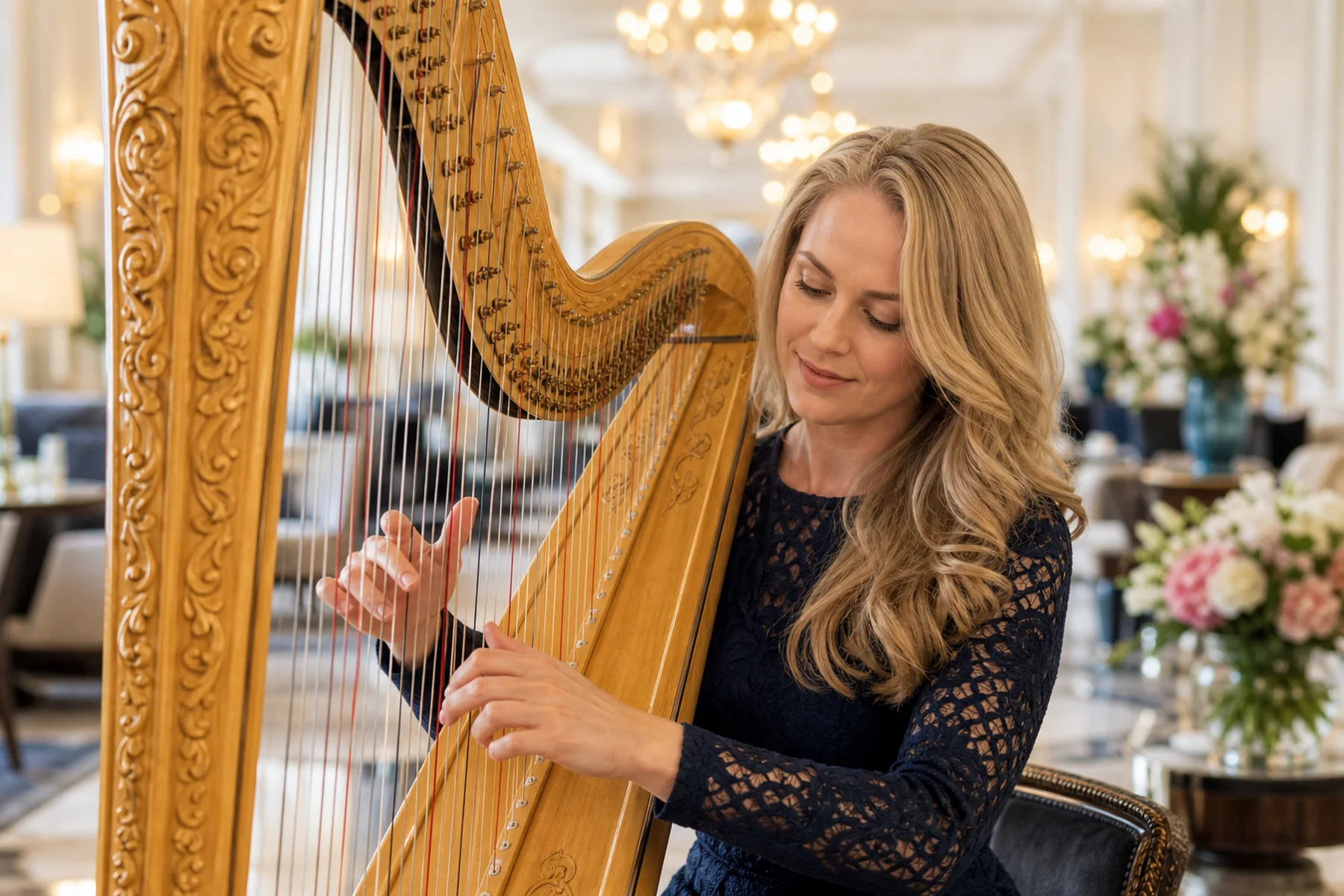 Professional harpist performing in a luxury hotel lounge