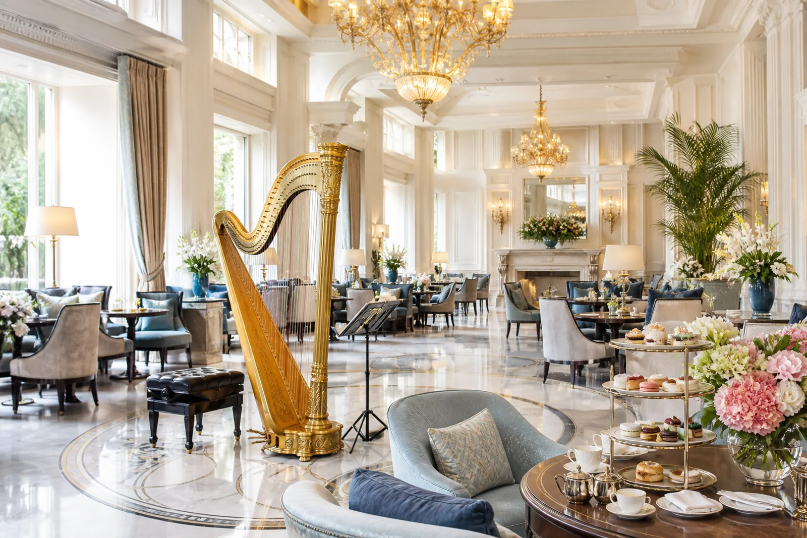 Concert harp and afternoon tea setup in a five-star hotel lobby