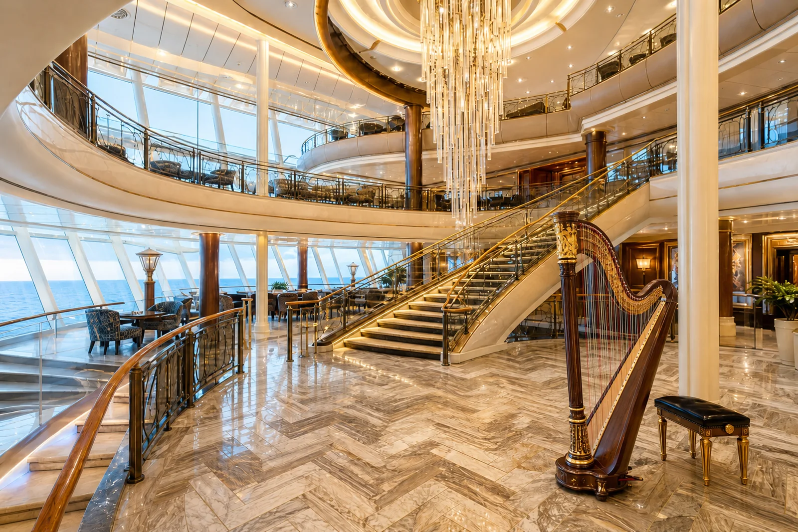 Concert harp in a bright cruise ship atrium with ocean view