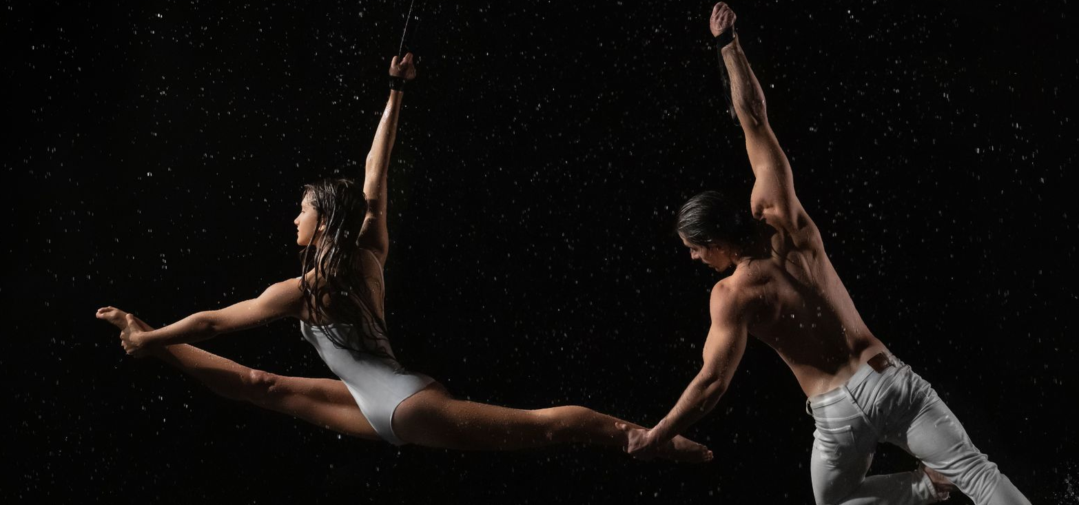 Aerial dance duo performing suspended straps in dramatic studio lighting
