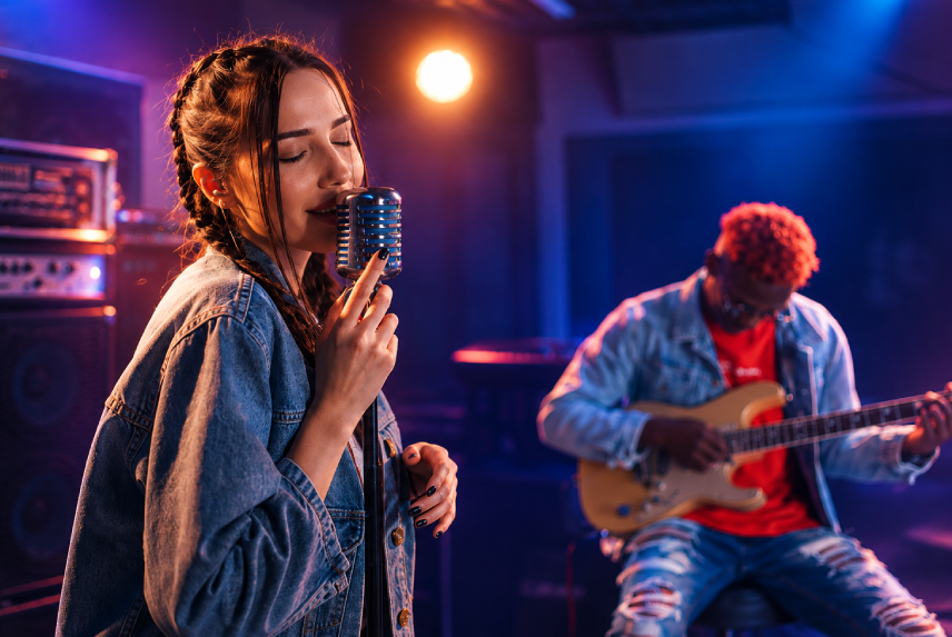Live lounge musicians performing on stage under warm concert lighting
