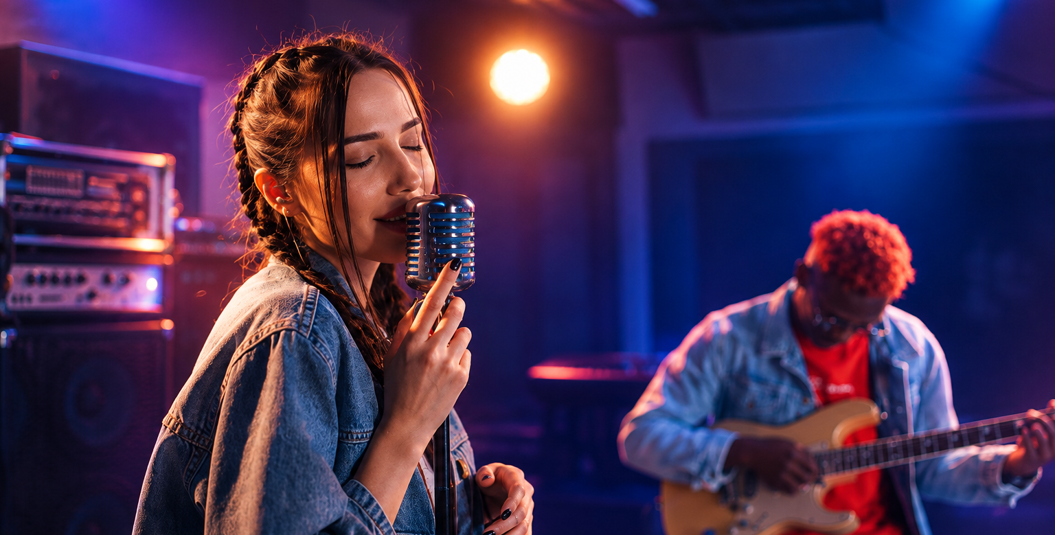 Live lounge musicians performing on stage under warm concert lighting