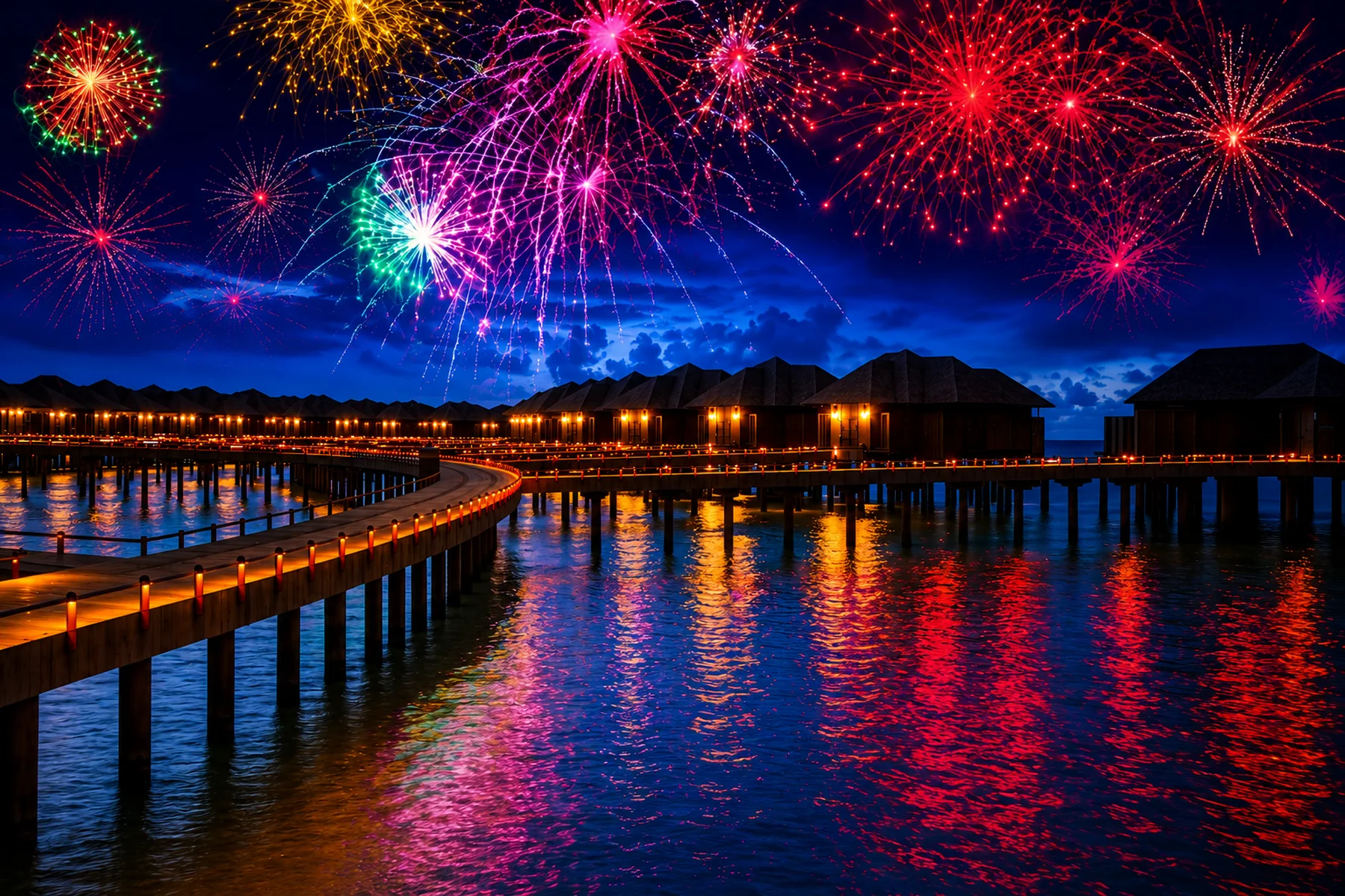 Maldives overwater villas with New Year fireworks for festive season performer jobs