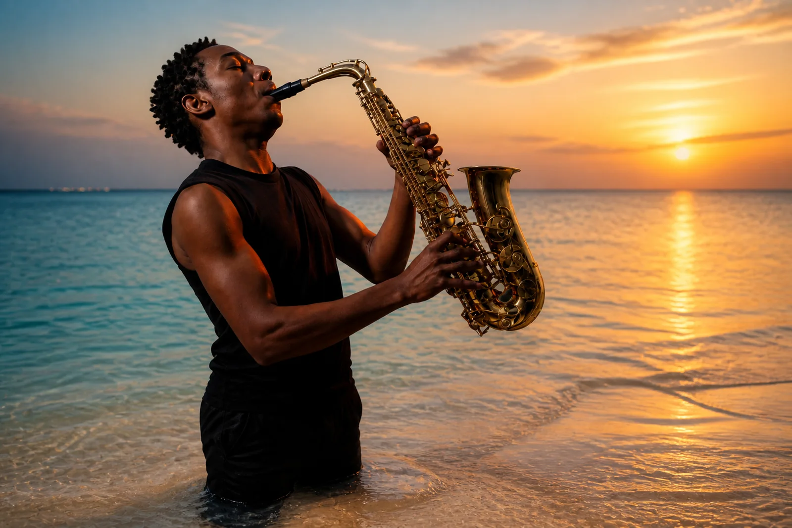 Saxophonist performing in a Maldives lagoon at golden hour